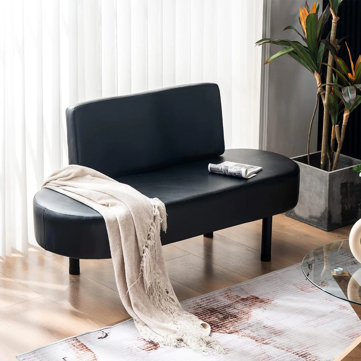 Black Leather Upholstered Bench with Backrest Y64510