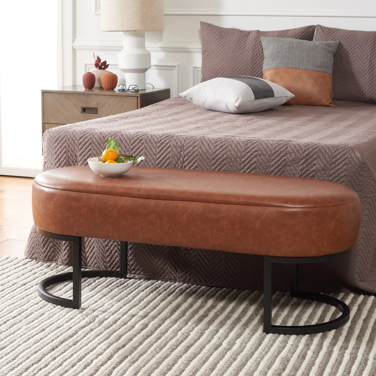Cognac Leather Oval Bench S780213