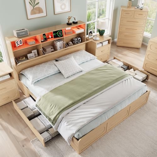 Queen Size Wood Bed Frame with Storage Headboard and 4 Drawers S898