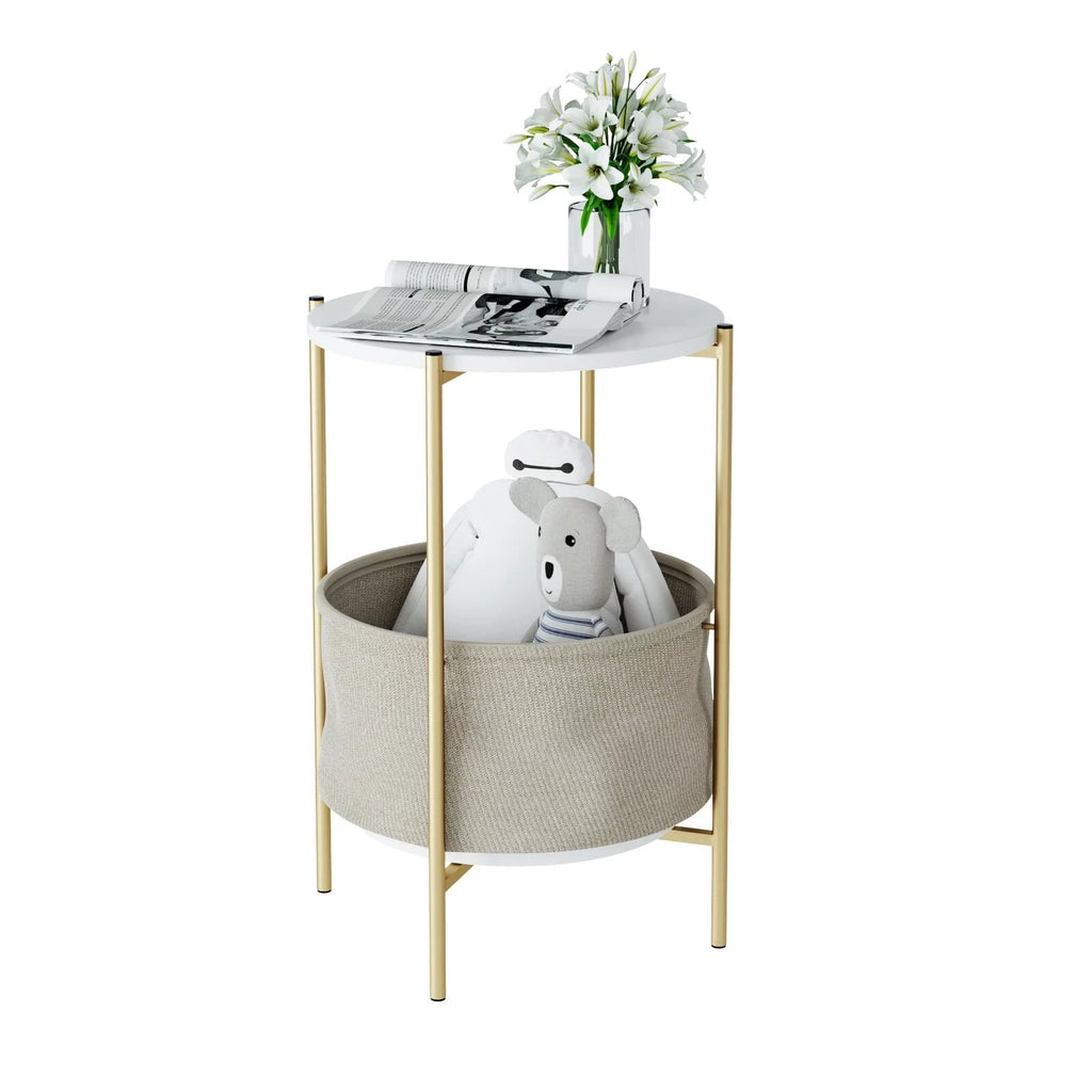 White and Gold Round Nightstand with Storage Pocket R93804