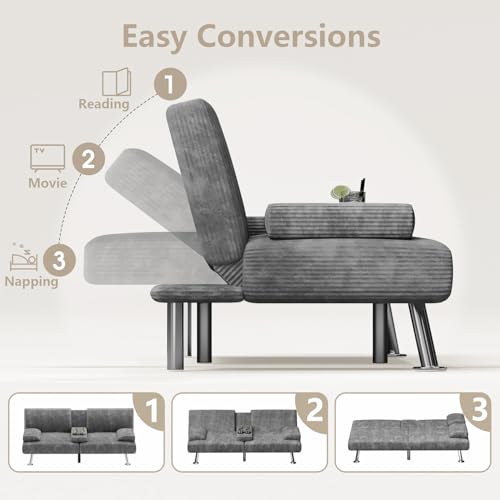 Green Corduroy Futon Sofa Bed with 2 Cup Holders A149