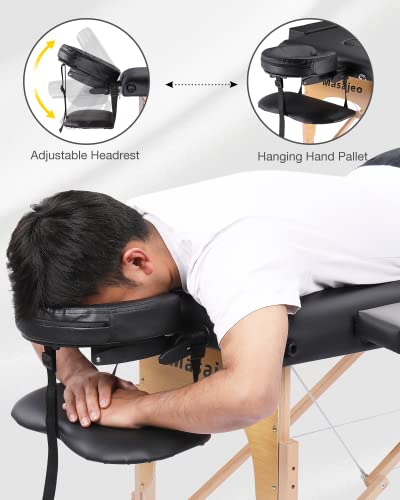 Portable Massage Table Wooden Frame Height Adjustment Black 3-Section H1927