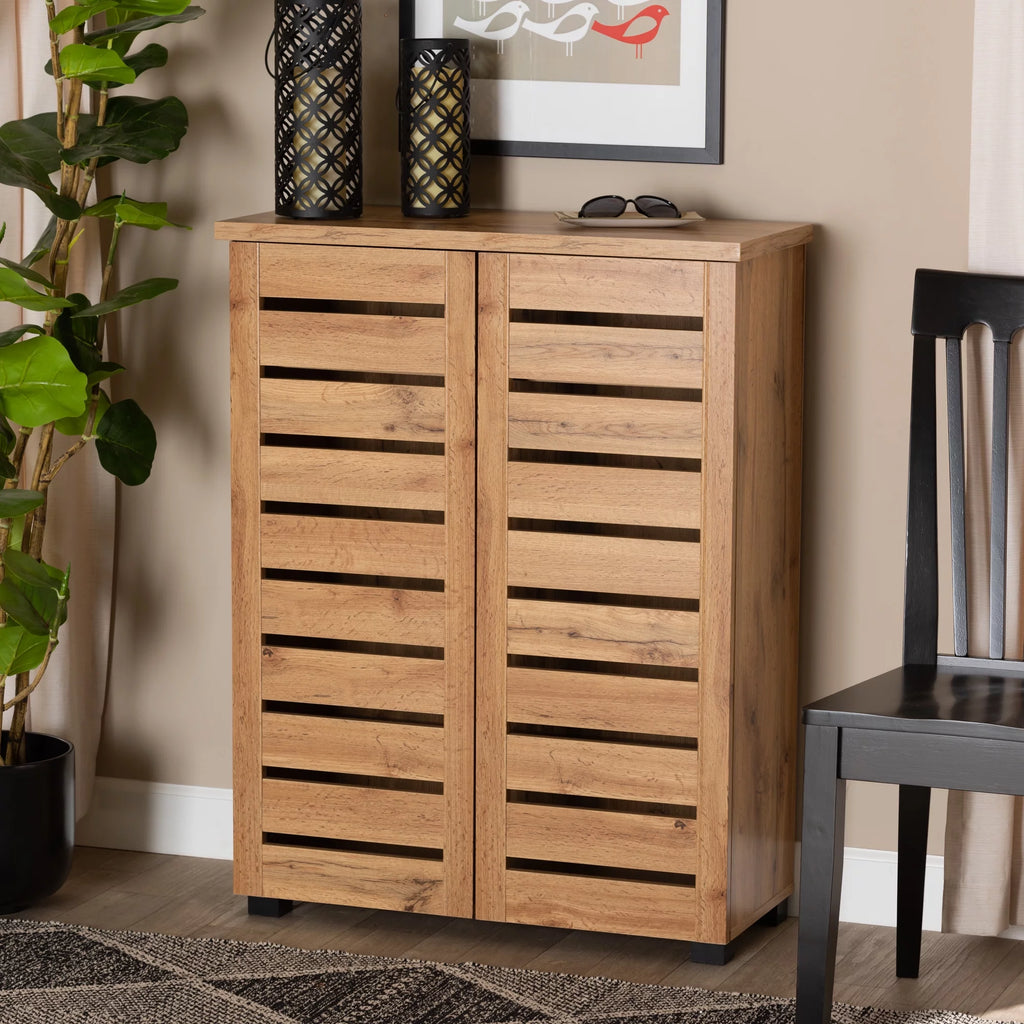 Oak Brown Finished Wood 2-Door Shoe Storage Cabinet N8205