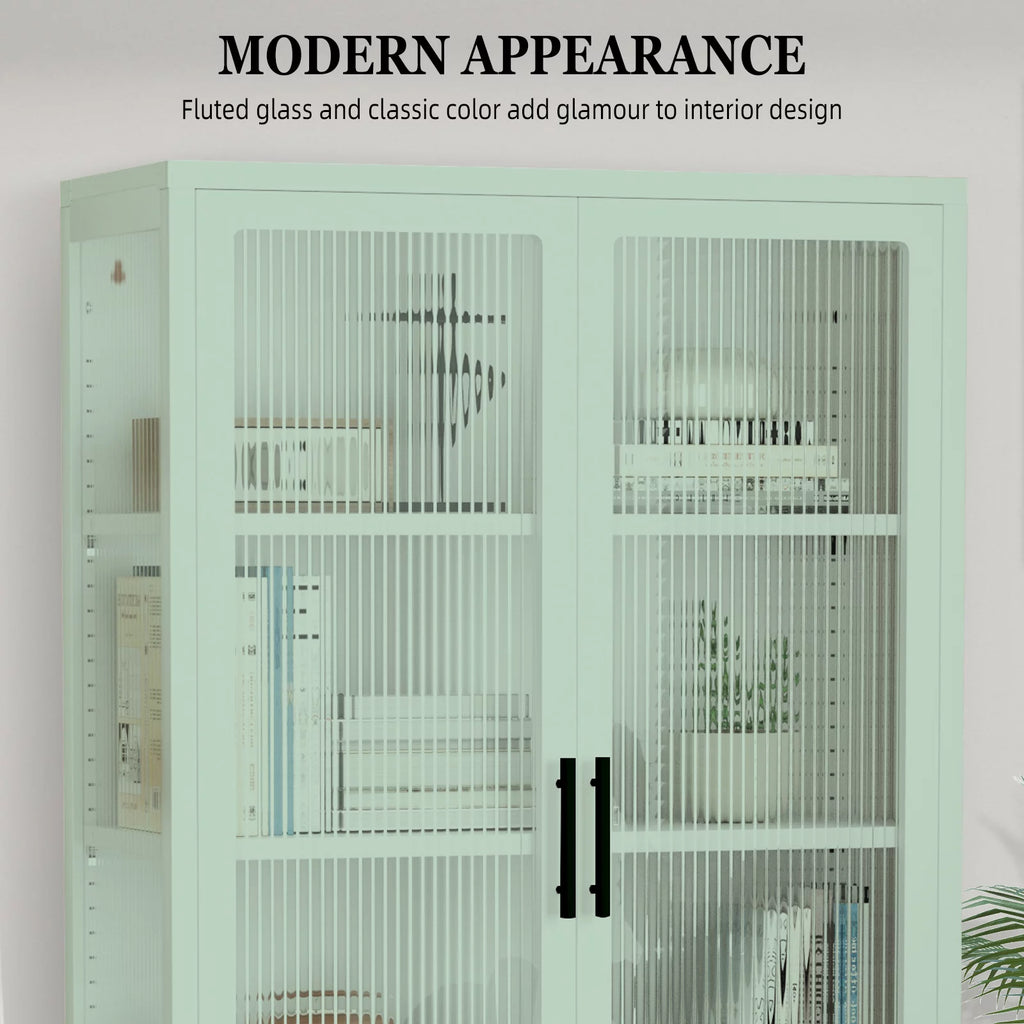 Mint green Double Glass Door Adjustable Shelves Cold-Rolled Steel Storage Cabinet S3617