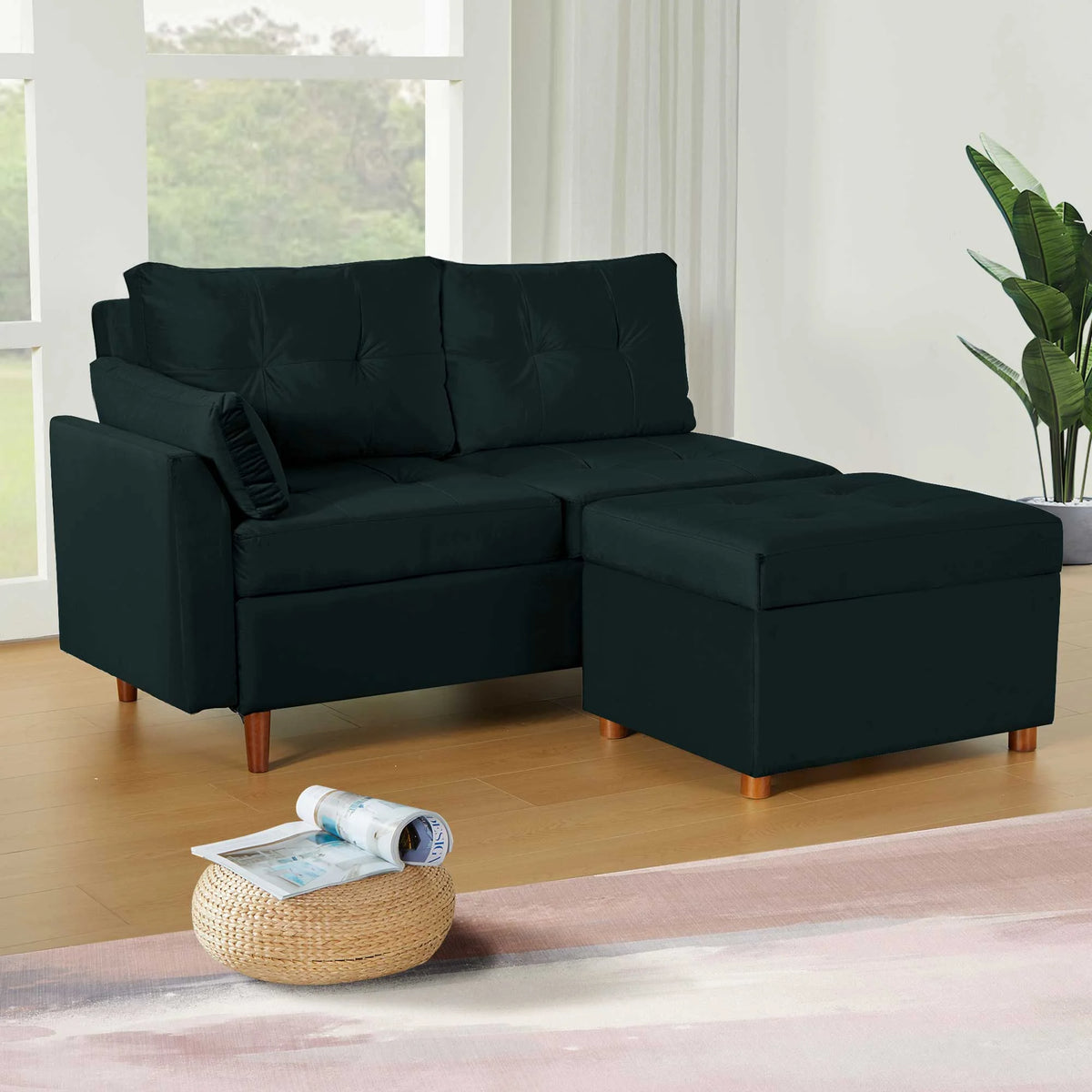 Velvet 2-3 Seat Sectional Sofa with Storage Ottoman V834