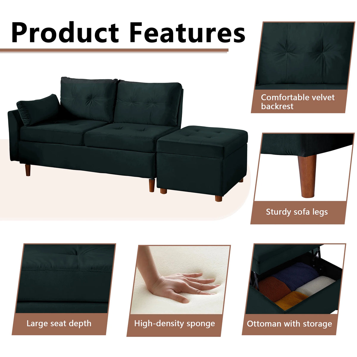 Velvet 2-3 Seat Sectional Sofa with Storage Ottoman V834