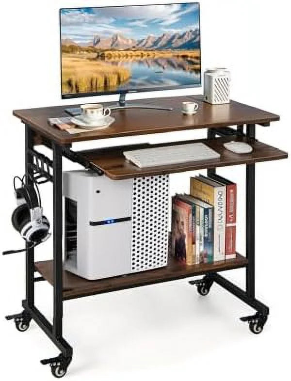 Rolling Computer Desk with Keyboard Tray and 3 Hooks H4681
