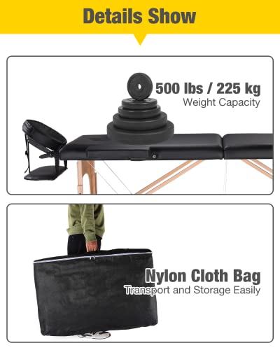 Portable Massage Table Wooden Frame Height Adjustment Black 3-Section H1927