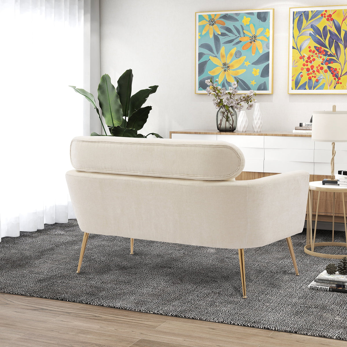 Mid Century Modern Chenille Two-Seater Sofa with 2 Throw Pillows A710419