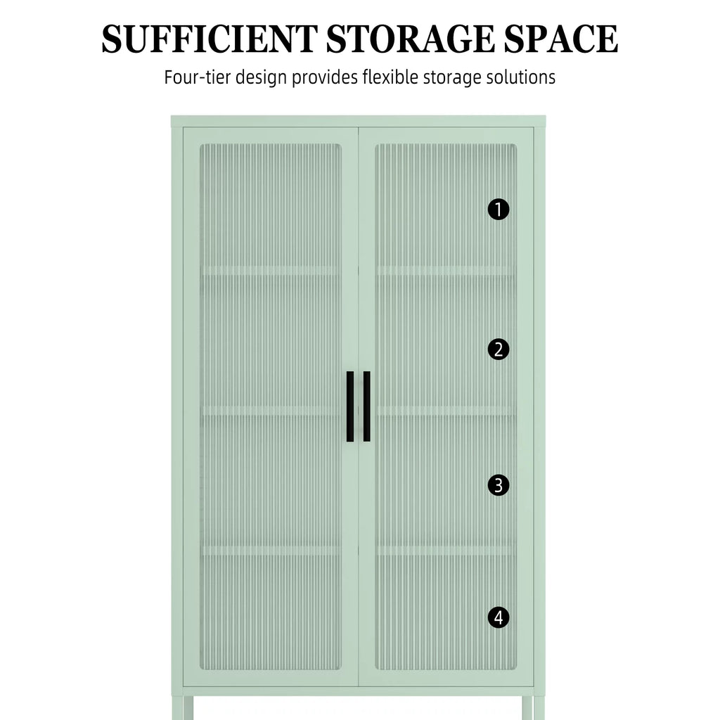 Mint green Double Glass Door Adjustable Shelves Cold-Rolled Steel Storage Cabinet S3617