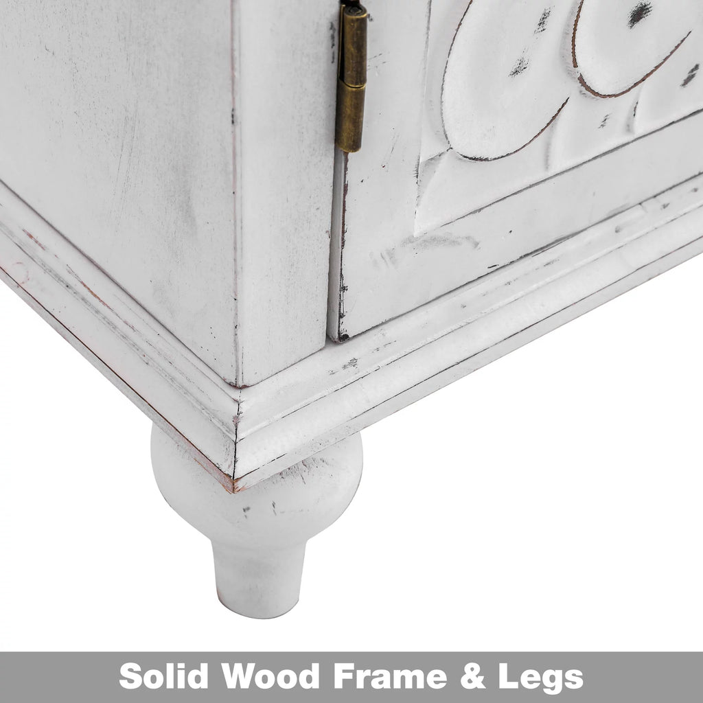 2-Door Retro Storage Cabinet with Carved Finch Feather Pattern White A99397
