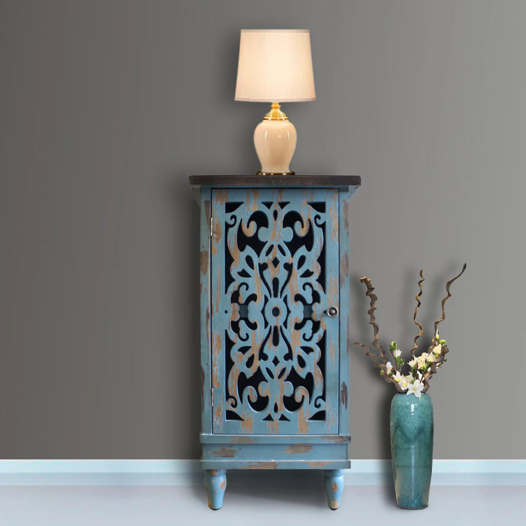 Teal Wooden End Table with Carved Legs O599650