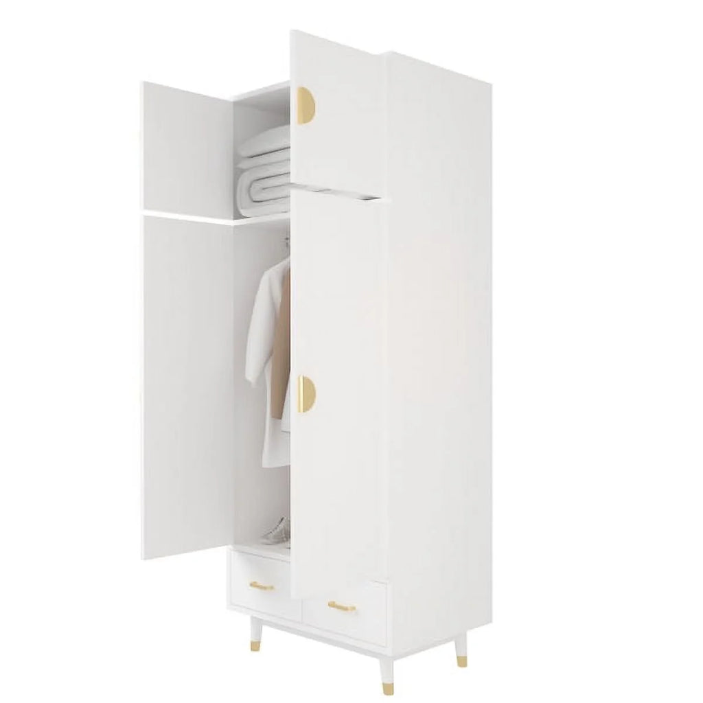 4 Door Wood Wardrobe with Clothing Rod and 2 Drawers, White H652987
