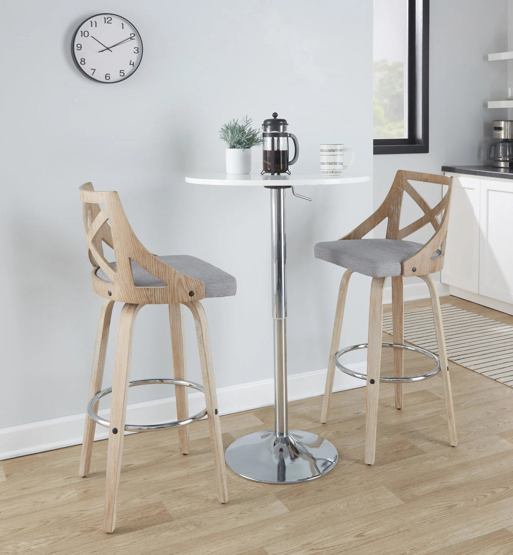 White Washed Wood Light Grey Fabric Swivel Barstool Set of 2 Q10858