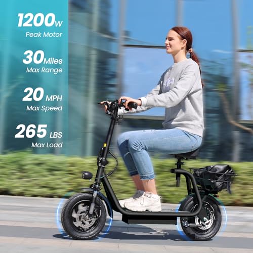 Electric Scooter with Seat, 1200W Motor, 30 Miles Range, Foldable with Basket Y71154