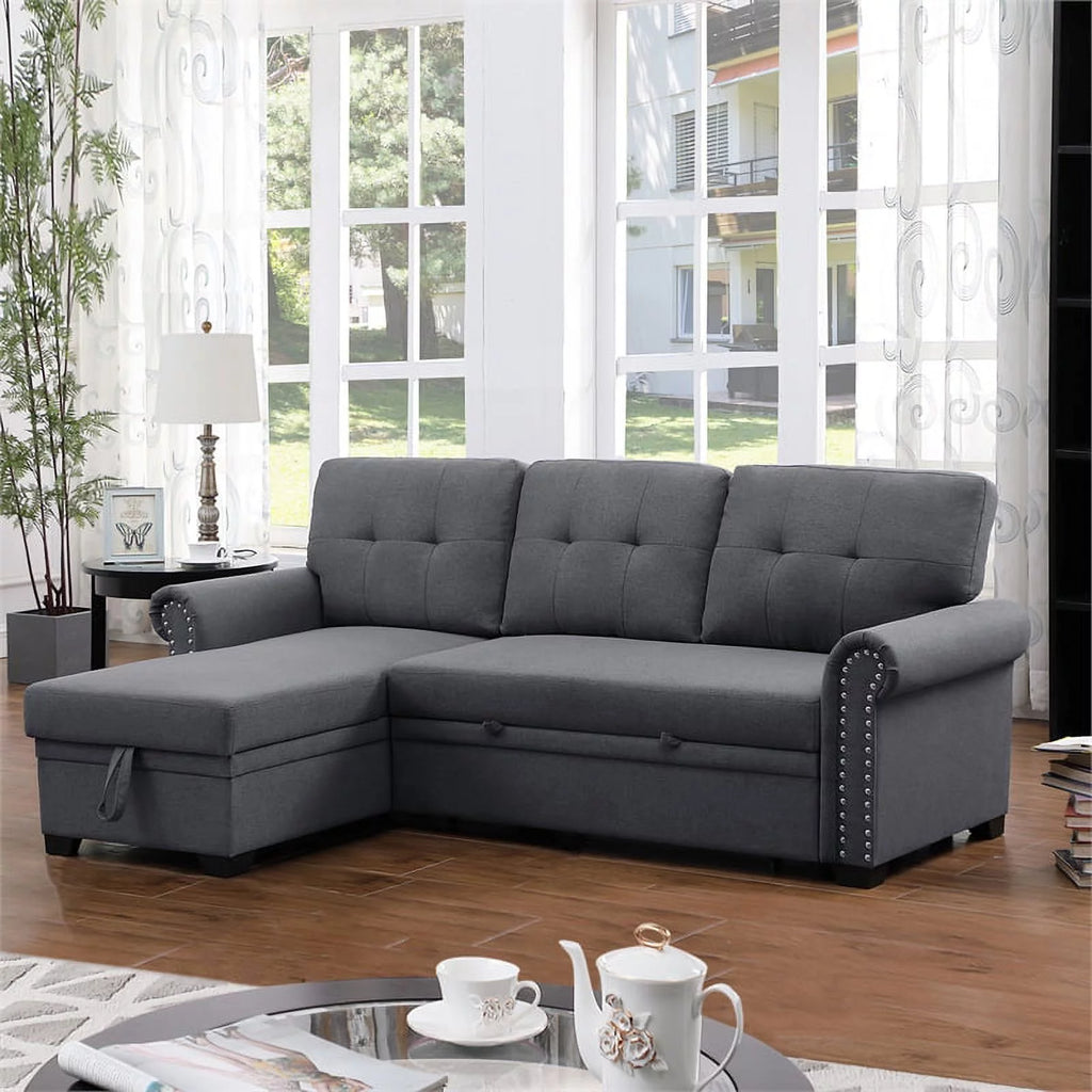 Dark Gray Reversible Fabric Sleeper Sofa with Storage Chaise O805
