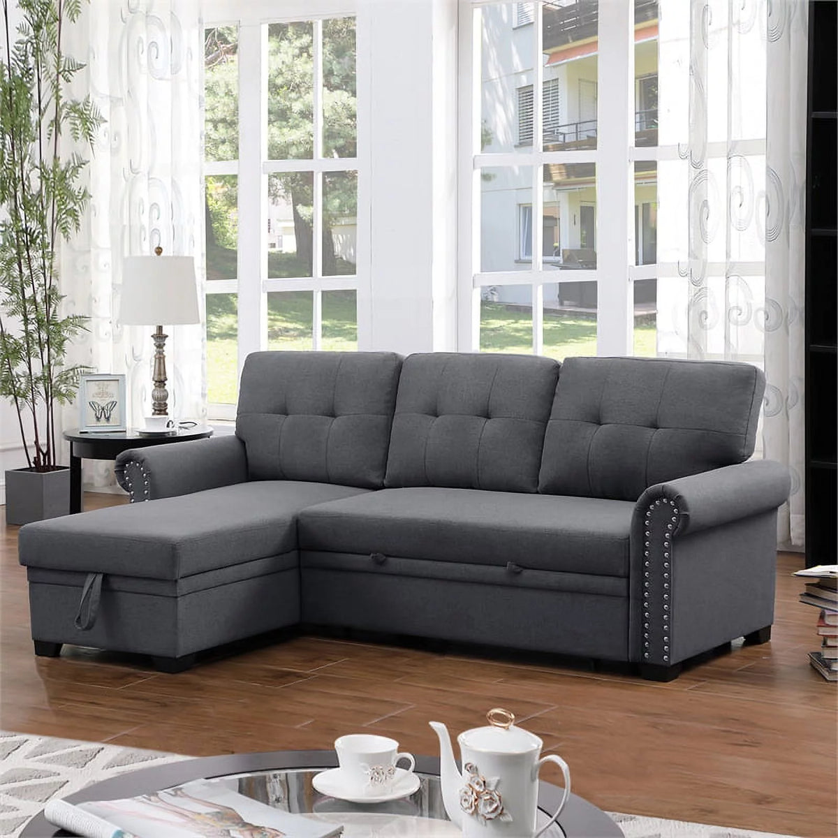 Dark Gray Reversible Fabric Sleeper Sofa with Storage Chaise O805