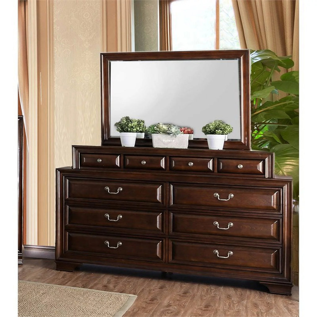 Solid Wood 10-Drawer Dresser and Mirror in Cherry K590