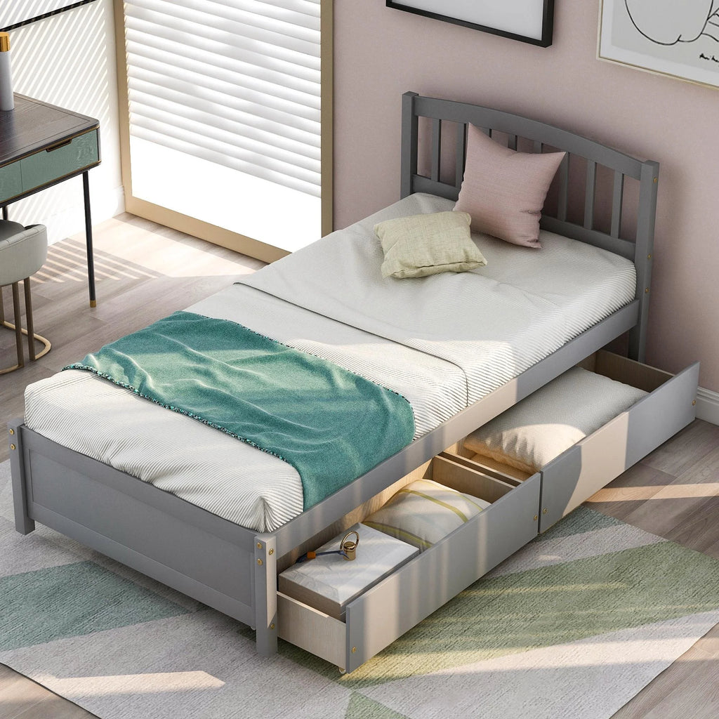 Twin Size Wood Platform Bed with Storage and 2 Drawers J717