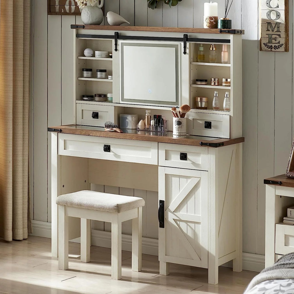 White Vanity Set with Sliding Lighted Mirror and Stool R745