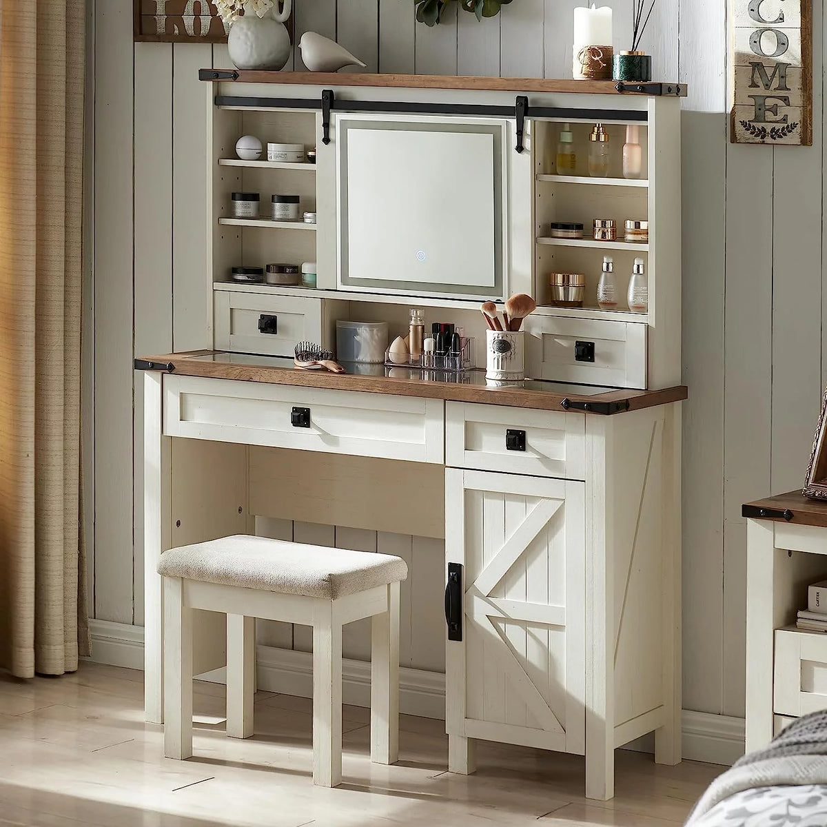 White Vanity Set with Sliding Lighted Mirror and Stool R745