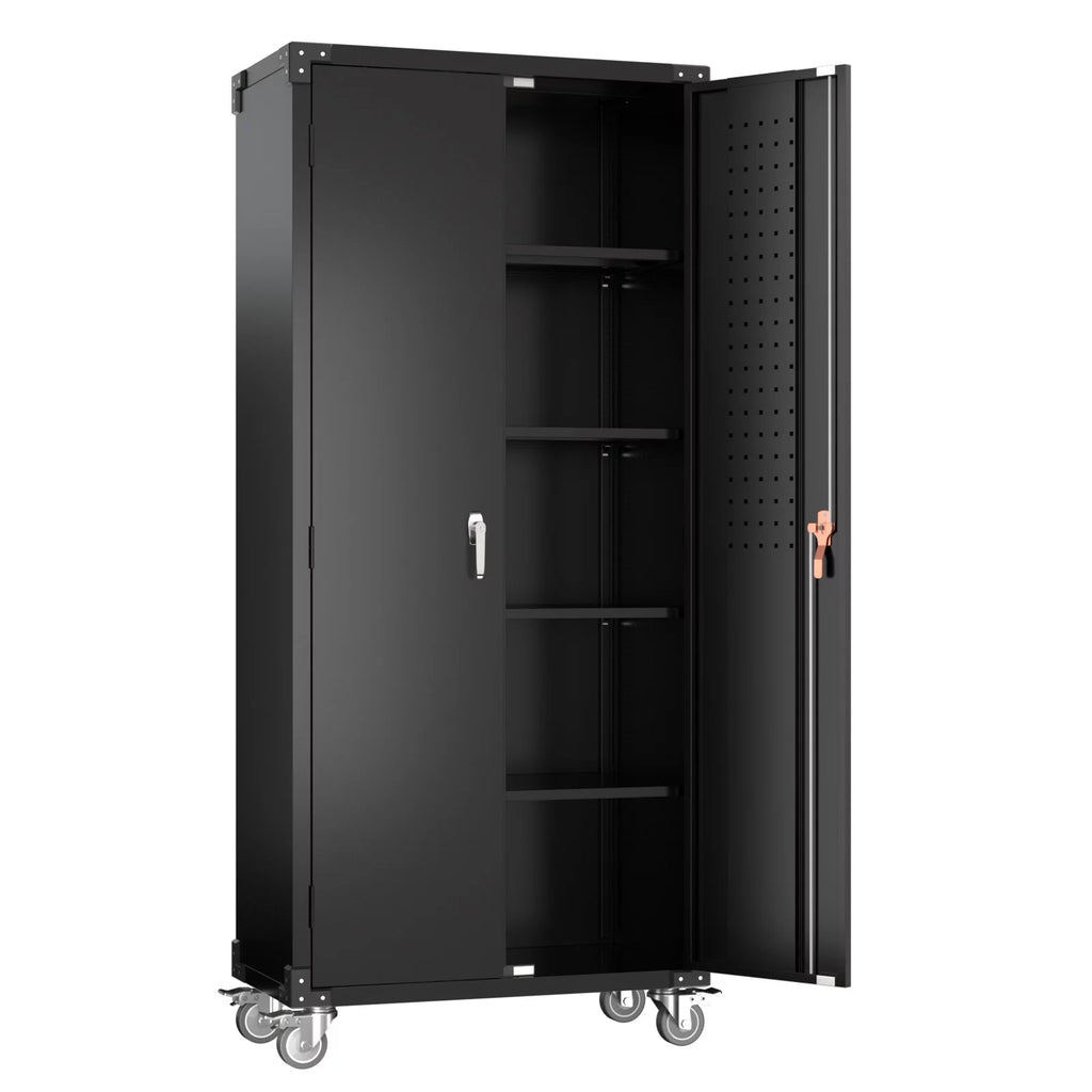 Black Metal Storage Cabinet with Wheels and Pegboard I127