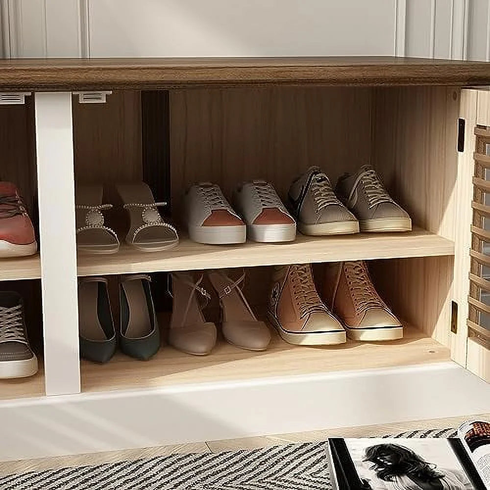 Brown and White Shoe Bench with Shelves W795318