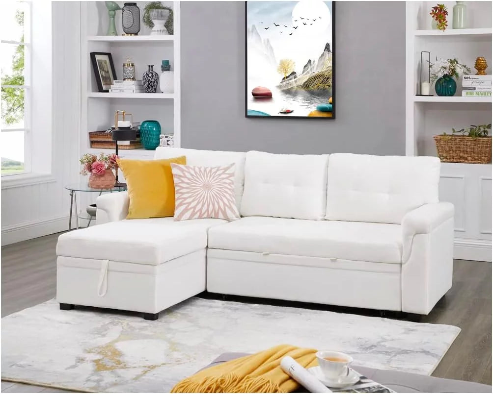 White Velvet L-Shaped Sleeper Sofa L34707