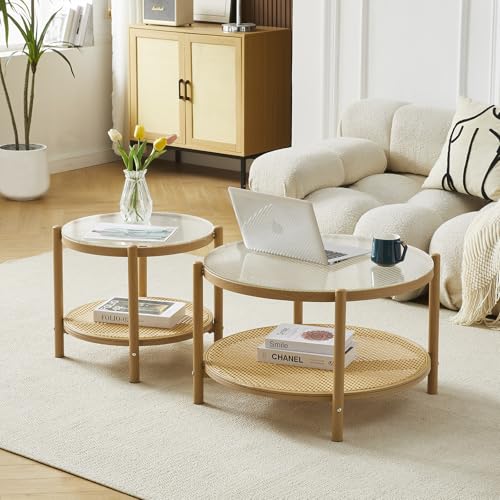27.5" Boho Rattan Round Glass Coffee Table Z51440
