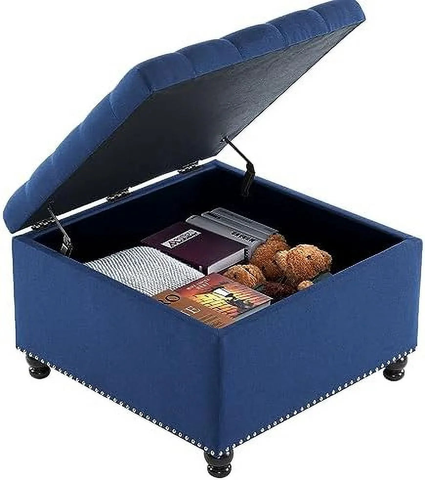 Oversized Linen Ottoman with Wooden Legs A3401