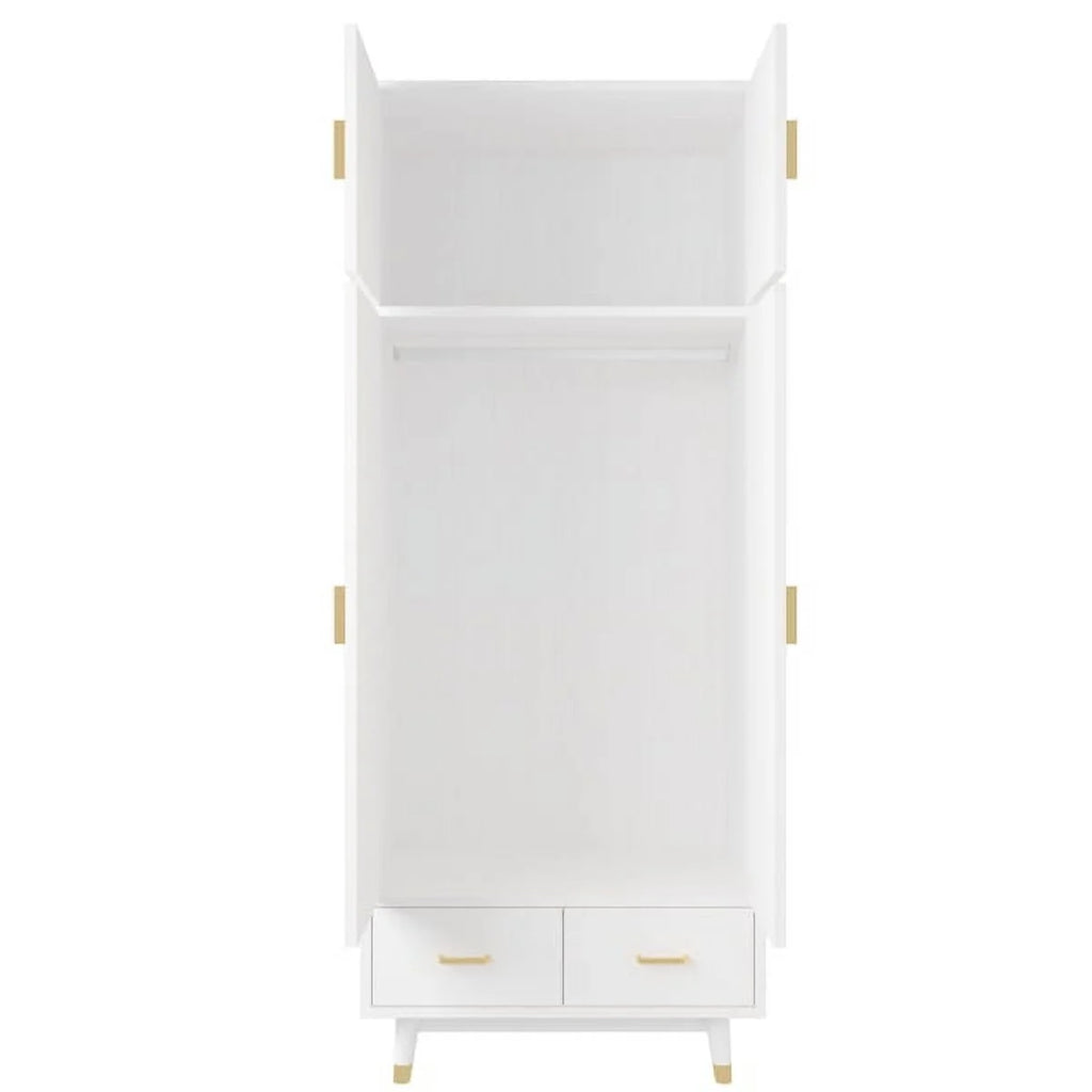4 Door Wood Wardrobe with Clothing Rod and 2 Drawers, White H652987