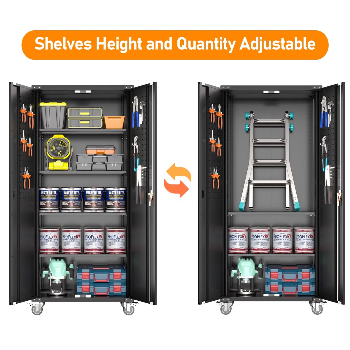 Black Metal Storage Cabinet with Wheels and Pegboard I127