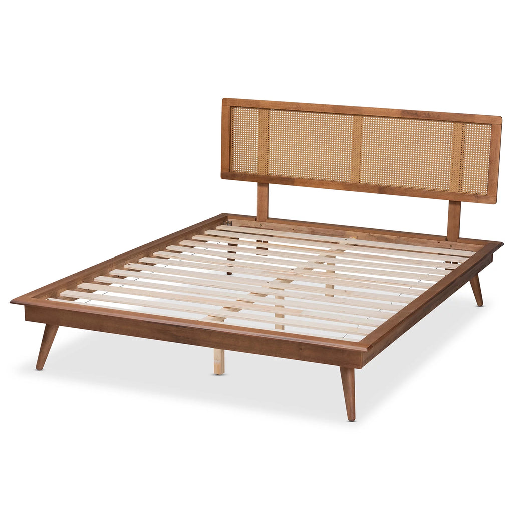 Walnut Brown Wood and Synthetic Rattan Queen Size Platform Bed N40565