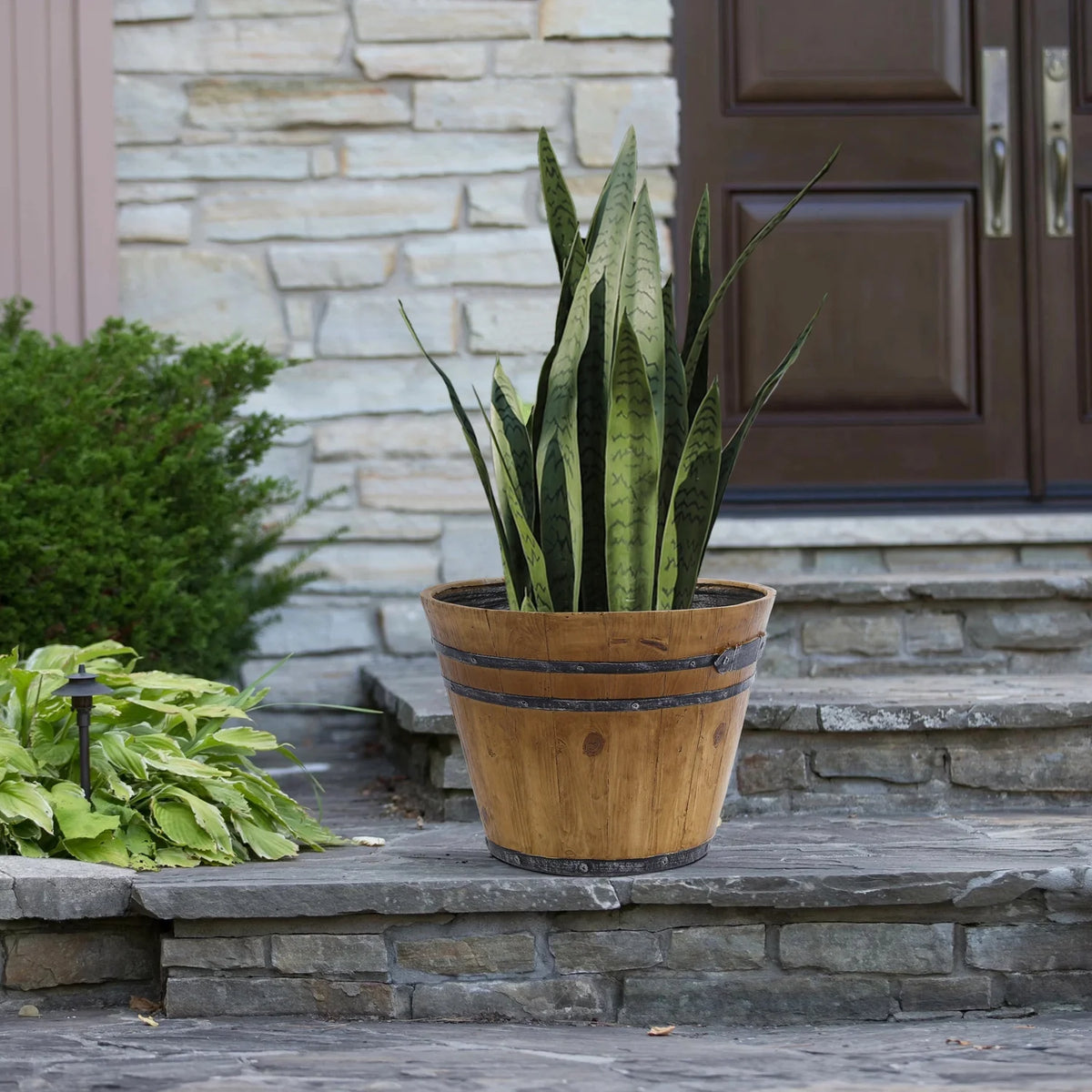 Set Of 2 Rustic Brown Faux Wood Planters L2568