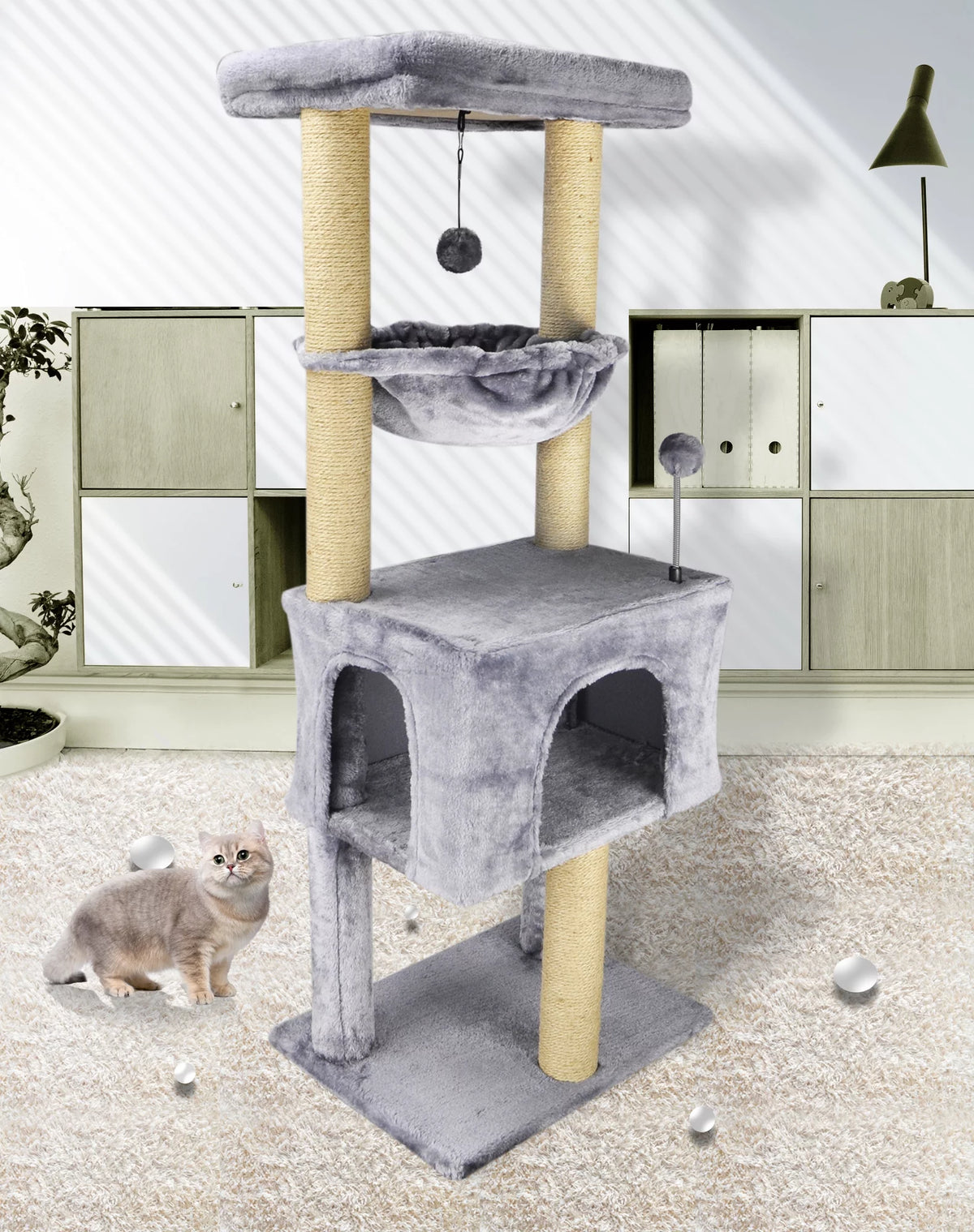 43.3" Grey Cat Tree with Condo Hammock Scratching Posts S66003