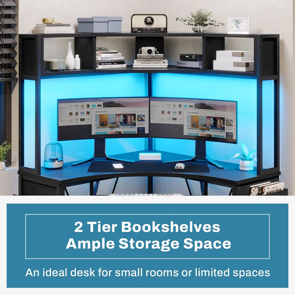 Black Corner Desk with Hutch and LED Lights T5916