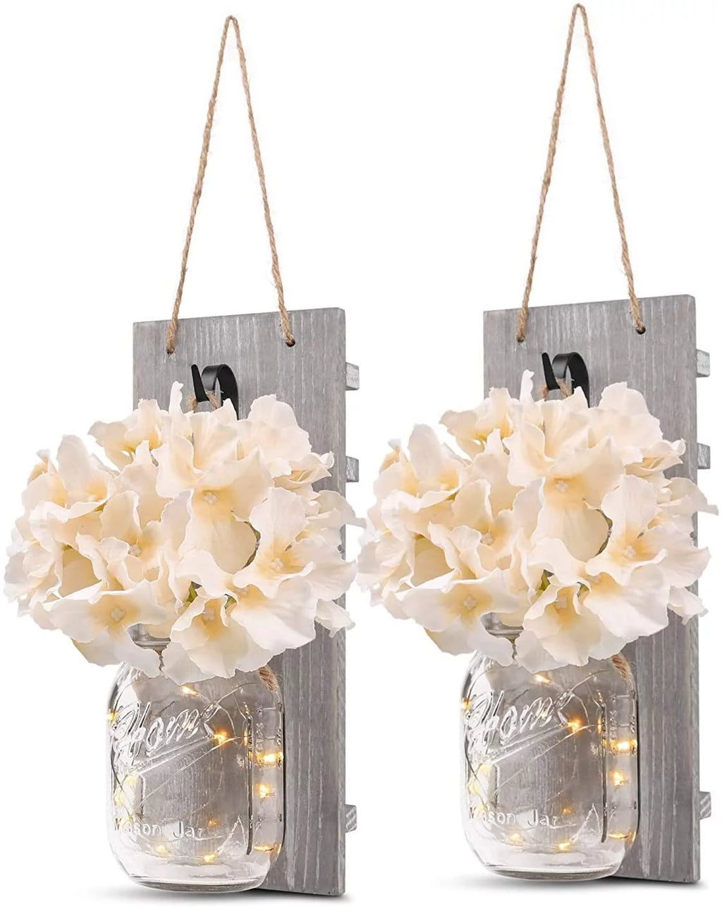Set of 2 Grey Mason Jar Wall Sconces with Hooks O89284