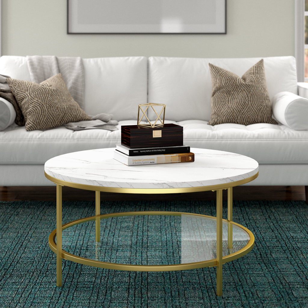 36" Wide Round Coffee Table with Faux Marble Top U651687