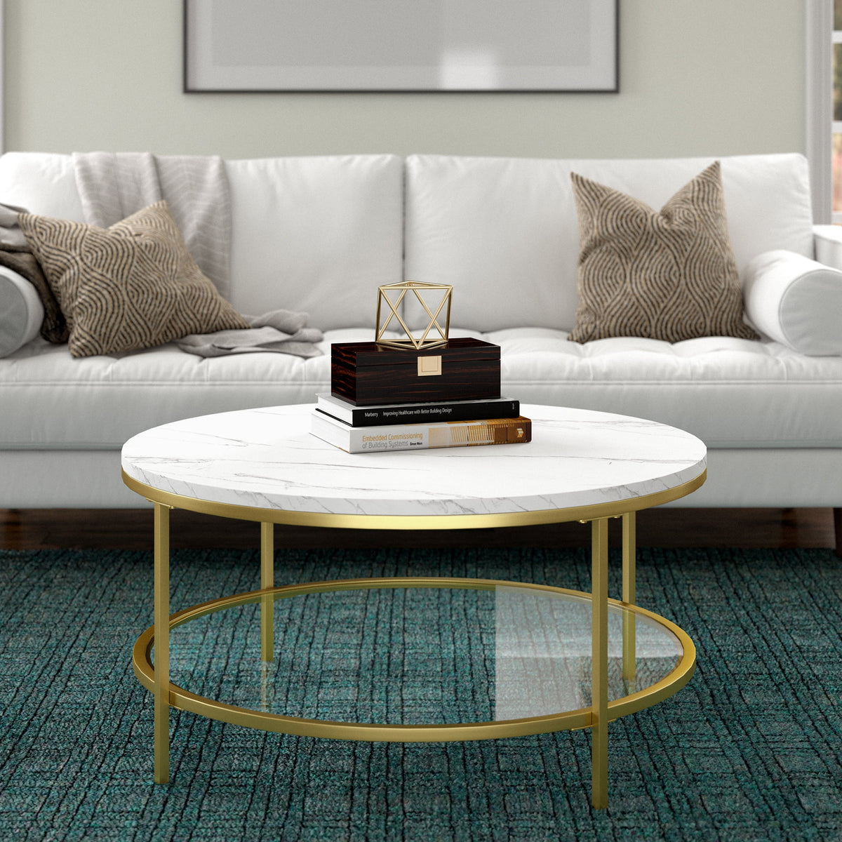 36" Wide Round Coffee Table with Faux Marble Top U651687