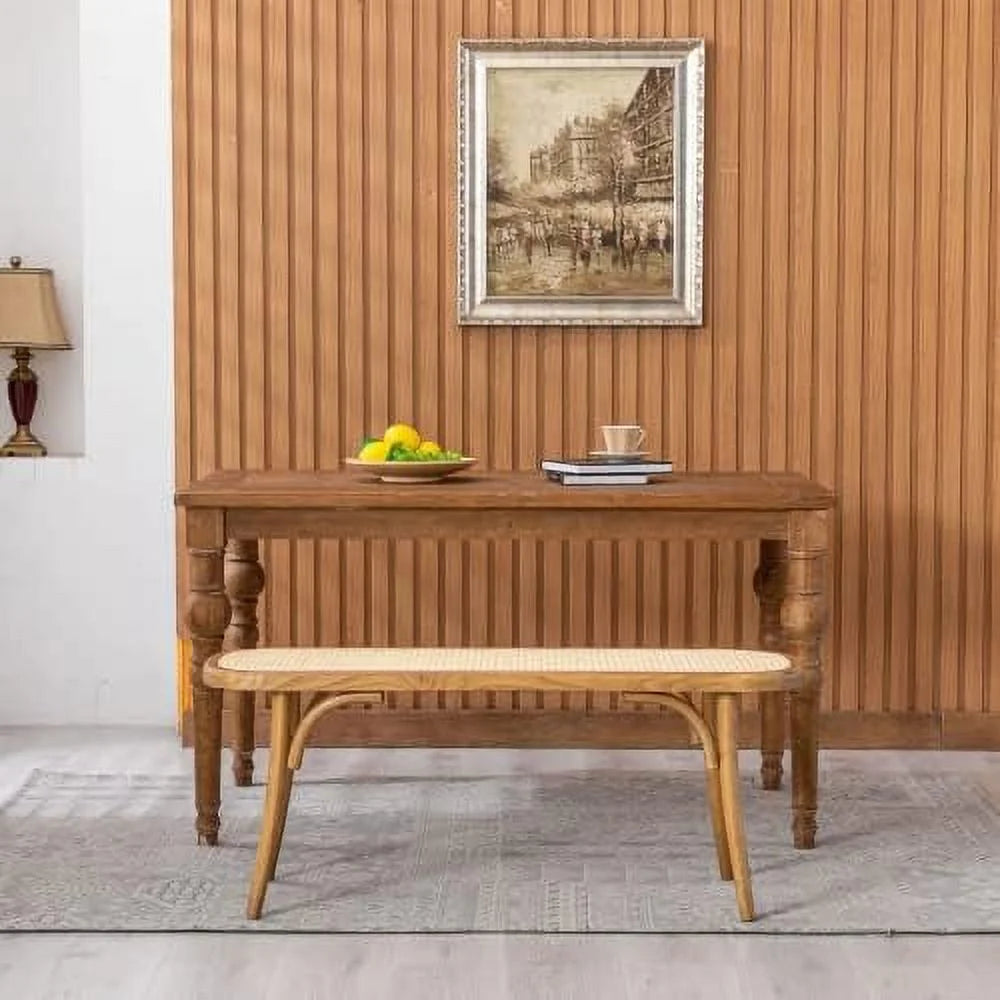 Wood Dining Bench with Rattan Seat I444293