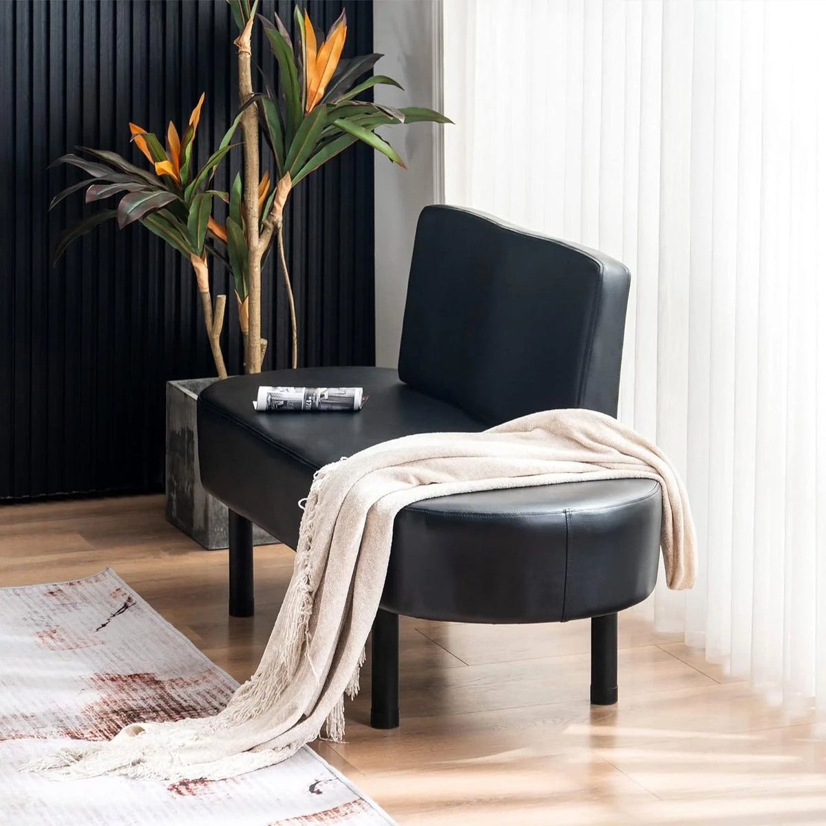 Black Leather Upholstered Bench with Backrest Y64510