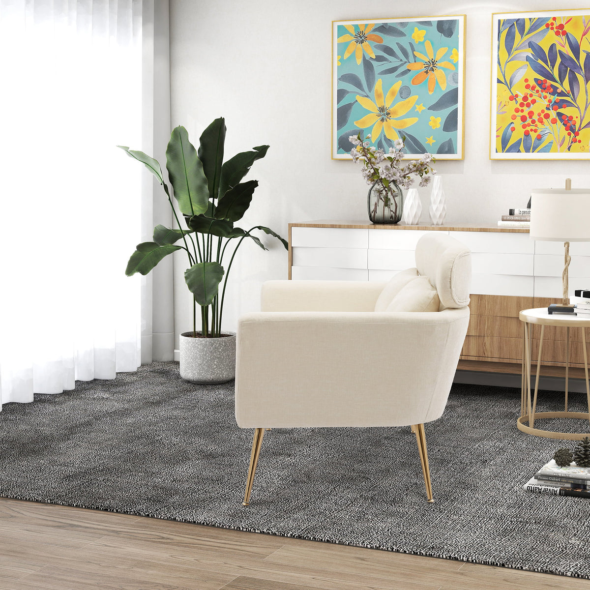 Mid Century Modern Chenille Two-Seater Sofa with 2 Throw Pillows A710419