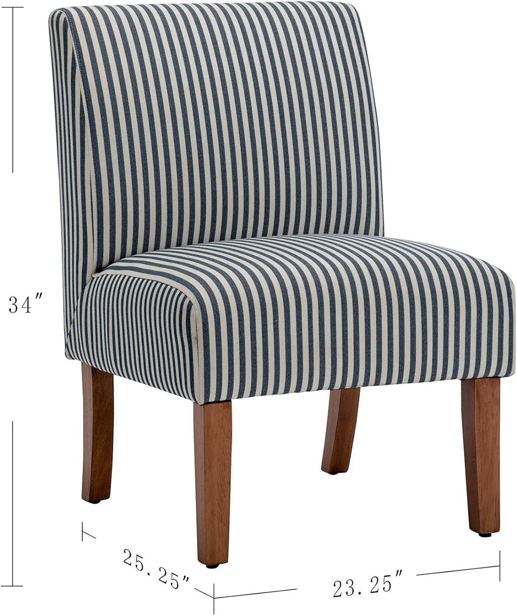 Armless Accent Chair with Wood Legs, Navy and White Stripe Fabric Q1231