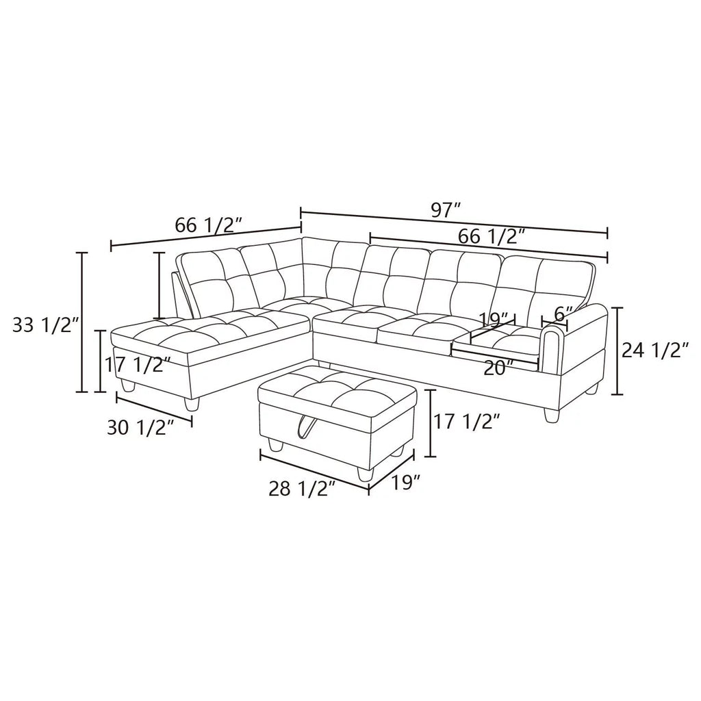 97" 2 Pieces L-Shaped Sectional Sofa with Pillows Brown Faux Leather P9873