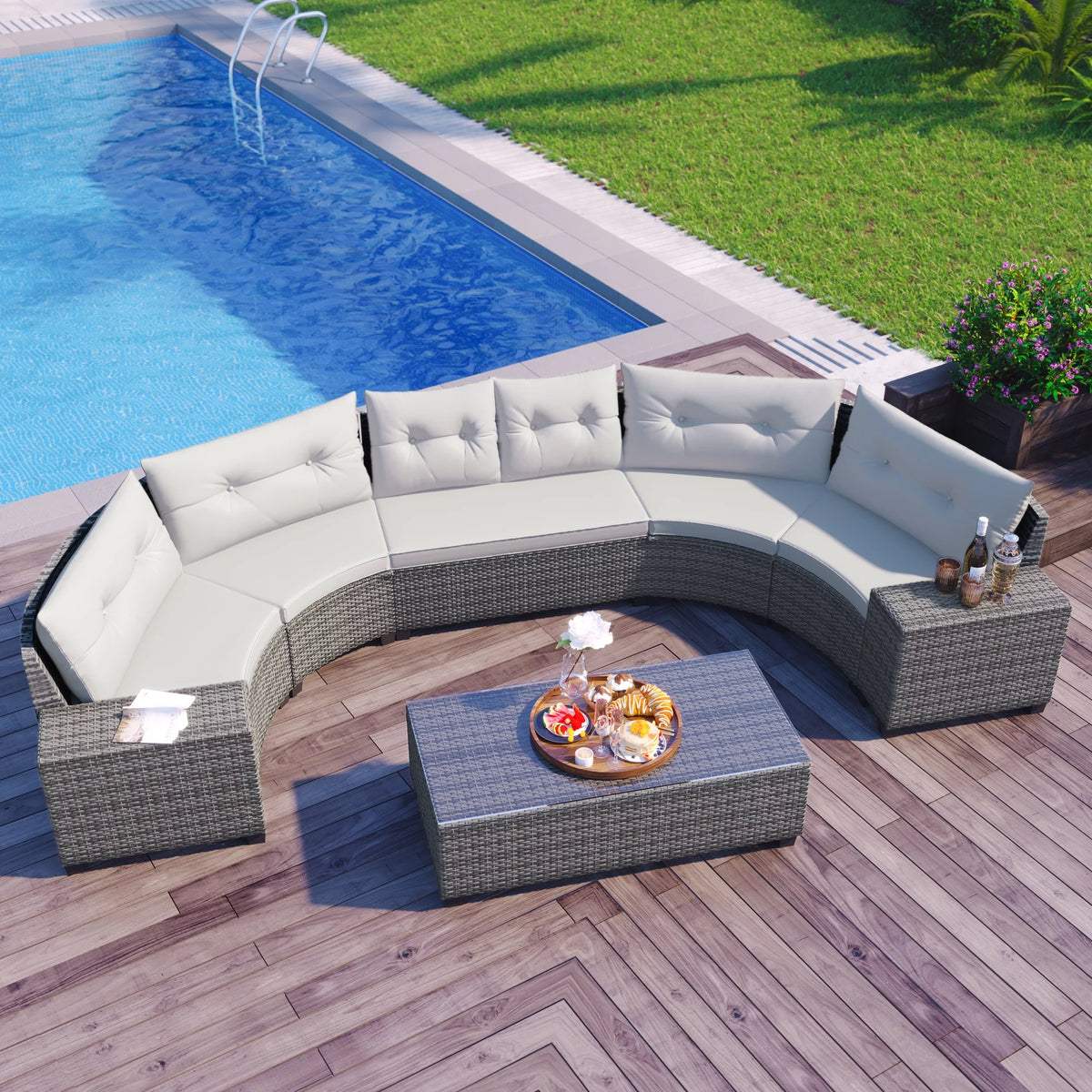 8 Pieces Beige Wicker Sofa Set with Glass Coffee Table Y387