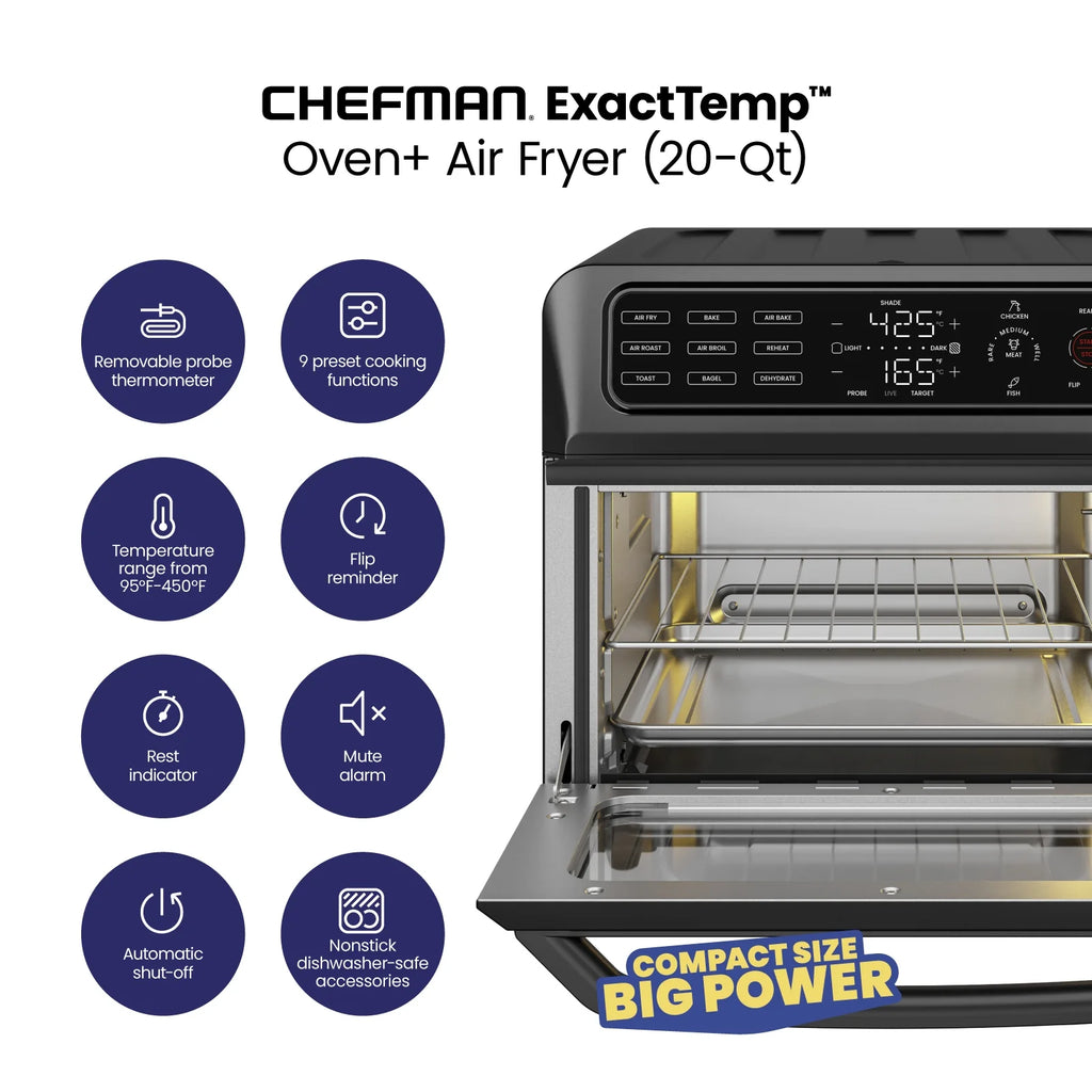12-in-1 Air Fryer Oven Combo with Probe Thermometer, 20 Qt, Black Stainless Steel V527423