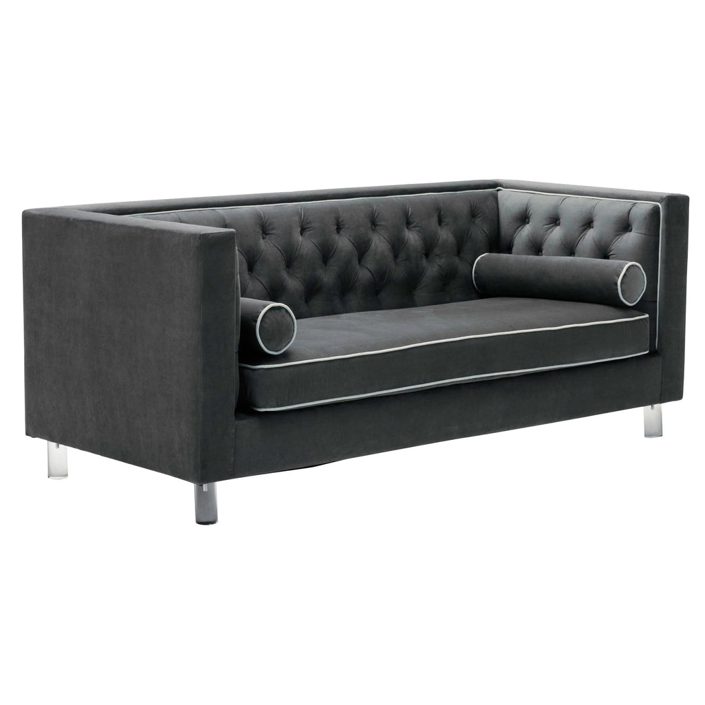 Grey Velvet Upholstered Tufted Sofa with 2 Lumbar Pillows L85302