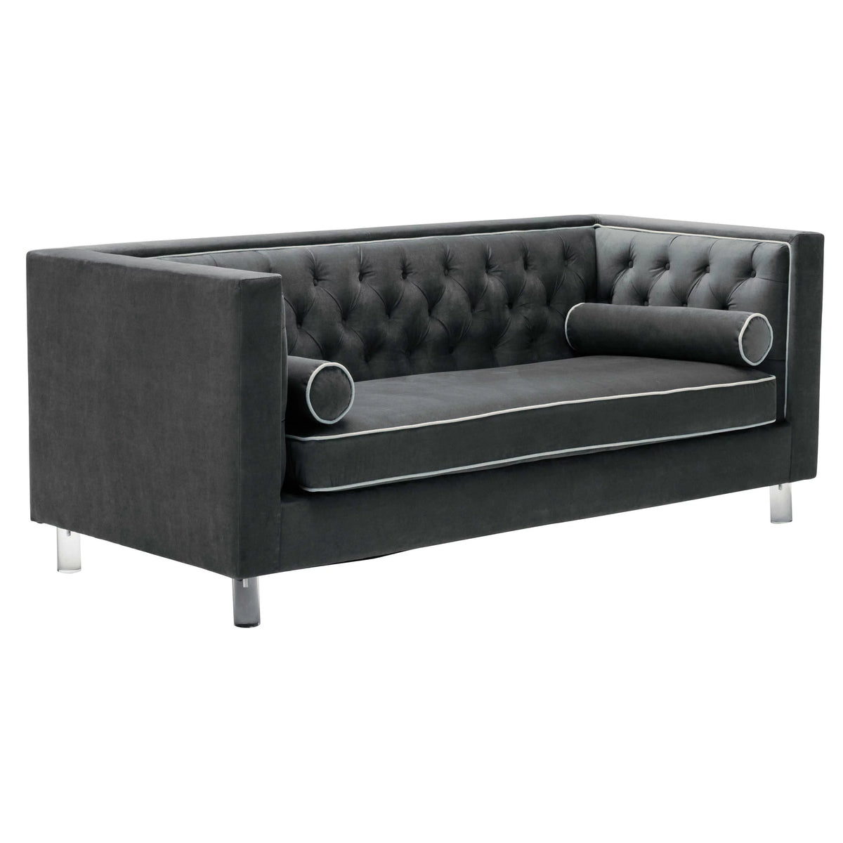 Grey Velvet Upholstered Tufted Sofa with 2 Lumbar Pillows L85302