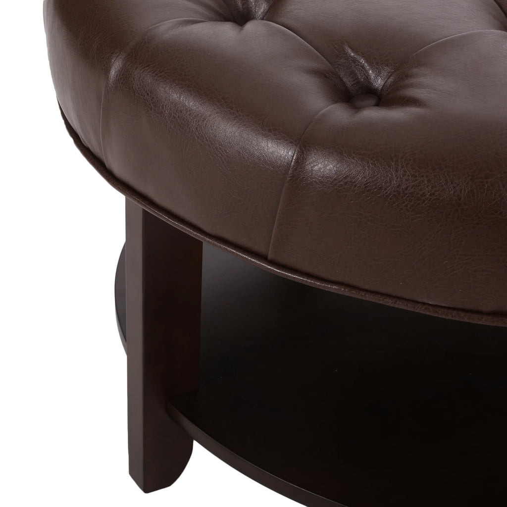 Dark Brown Espresso Faux Leather Tufted Round Ottoman with Open Shelf X3025