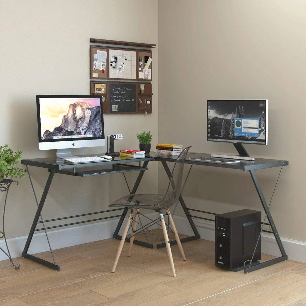 L-Shape Computer Desk with Black Glass E2399